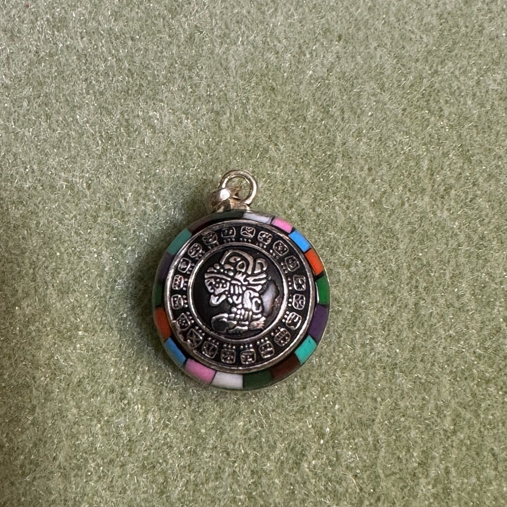 Aztec calendar angel whispering pendant sterling silver .